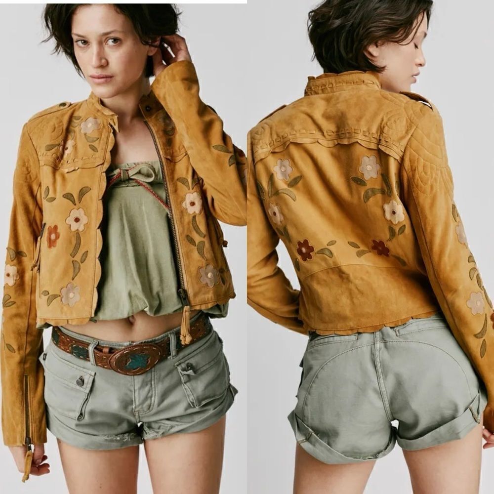 Free People Mustard Yellow Suede Floral Embroidered Cropped Jacket